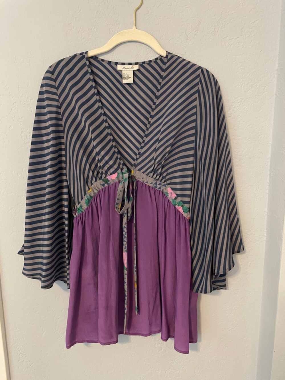 Hanna G. Striped Navy & Purple Blouse with Floral Trim